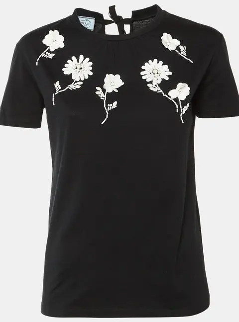 Prada Black Cotton Knit Floral Embellished Tie Detail T-Shirt XS