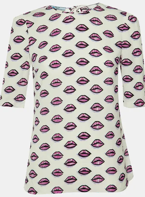 Prada White Lip Printed Crepe Top S