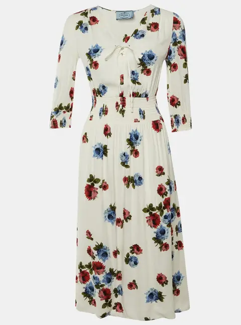 Prada White Floral Printed Crepe Midi Dress S