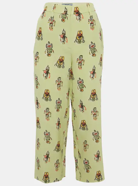 Prada Lime Green Robots Print Silk Straight Fit Pants S