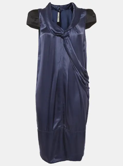 Prada Blue/Black Satin Draped Midi Dress S