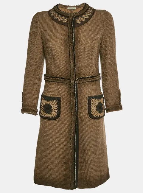Prada Brown Wool Tweed Coat Bead Embellished Mid-Length Coat M