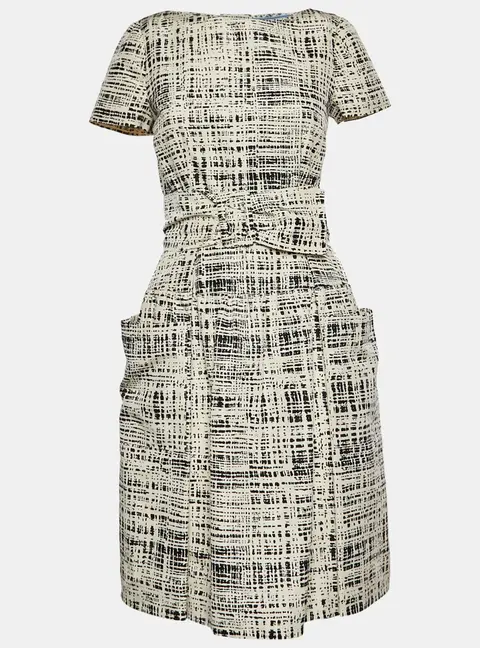 Prada Monochrome Printed Silk Short Sleeve Belted Knee Length Dress S