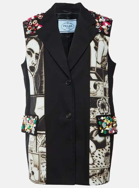 Prada Black Cotton Embellished Alice Button Front Vest M