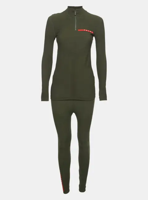 Prada Green Technical Knit Linea Rossa Quarter-Zip Top and Pants Set S