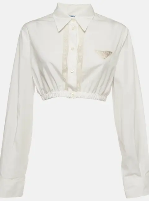 Prada White Poplin Lace Trim Button Up Crop Top L