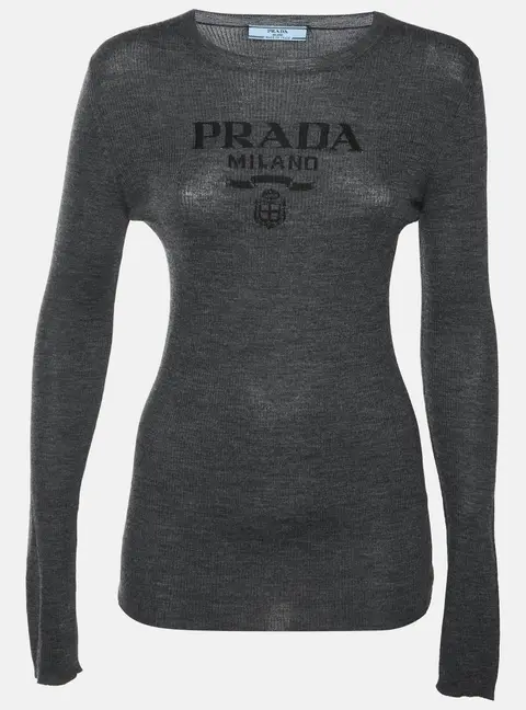 Prada Dark Grey Logo Superfine Wool Crew Neck Sweater M