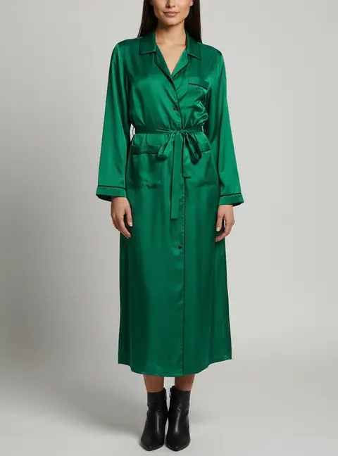 Prada Green Silk Satin Belted Pajama Maxi Shirt Dress M