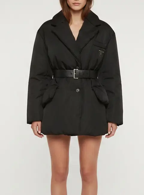 Prada Black Re-Nylon Gabardine Belted Puffer Down Jacket S