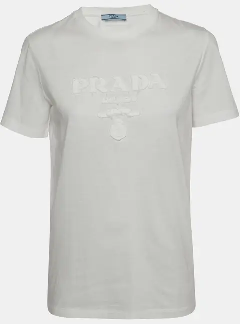 Prada White Logo Appliqu&eacute; Distressed Jersey T-Shirt XS