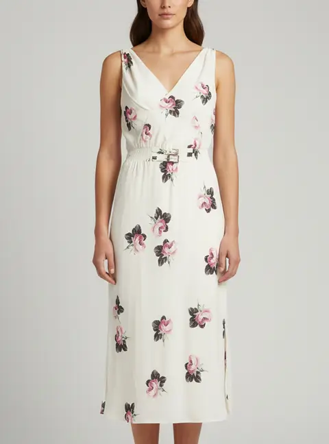 Prada Off White Printed Crepe Sleeveless Midi Dress S