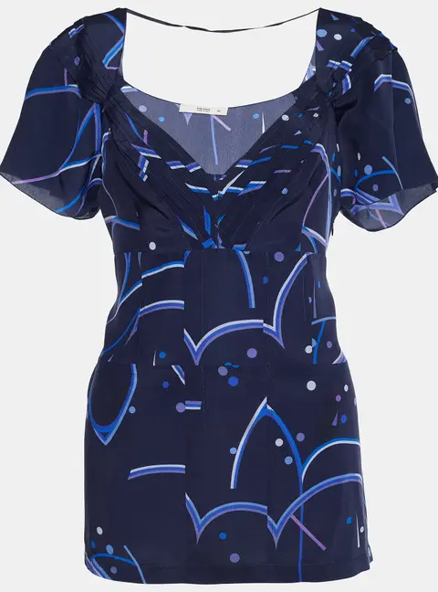 Prada Blue Geometric Print Crepe de Chine Silk Blouse L