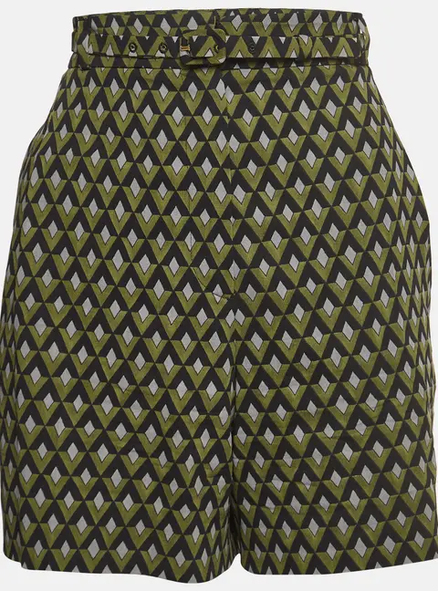 Prada Green Geometric Print Virgin Wool Belted Shorts M