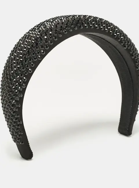Prada Black Crystals Embellished Satin Headband