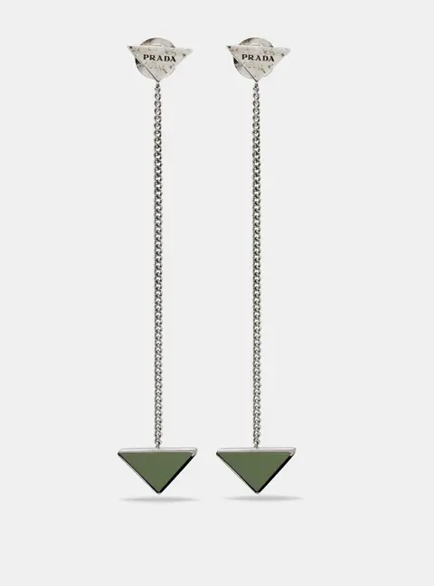 Prada Triangle Enamel Sterling Silver Chain Drop Earrings