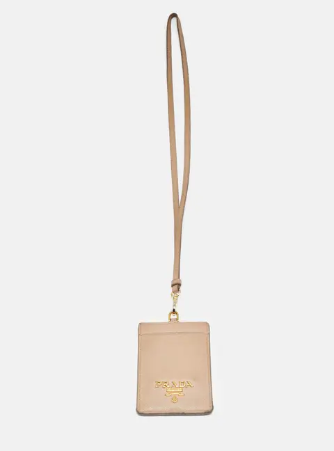 Prada Badge Holder Beige Saffiano Lux Leather Lanyard