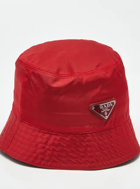 Prada Red Nylon Logo Triangle Plaque Bucket Hat S