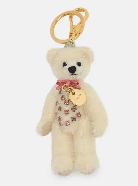 Prada Cream Nylon Crystal Embellished Teddy Bear Bag Charm