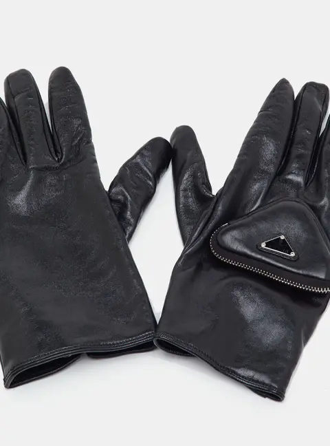 Prada Logo Pouch Black Leather Zip Pocket Gloves
