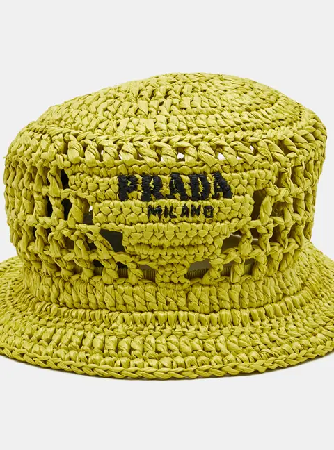 Prada Yellow Logo Crochet Raffia Bucket Hat M