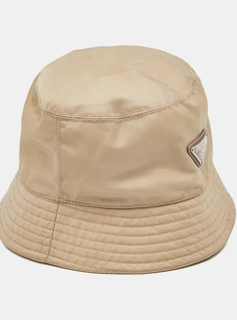 Prada Beige Re-Nylon Triangle Logo Bucket Hat M