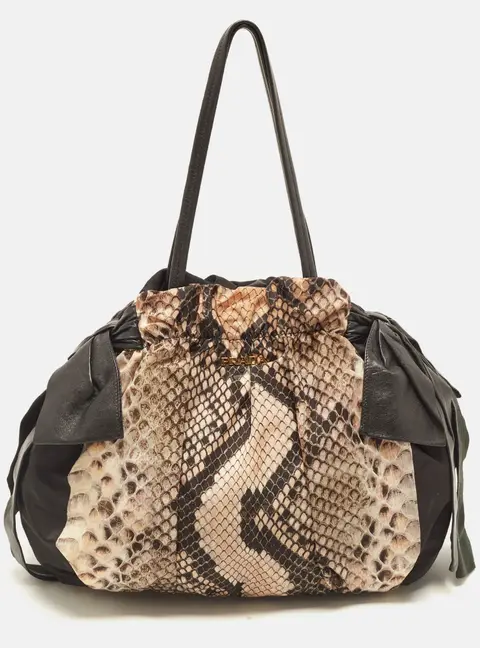 Prada Side Bow Black/Beige Python Printed Nylon and Leather Shoulder Bag