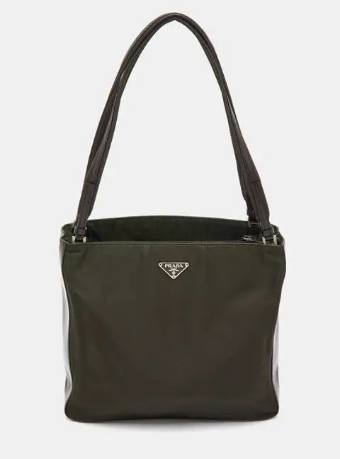 Prada Olive Green/Dark Brown Nylon and Leather Tote