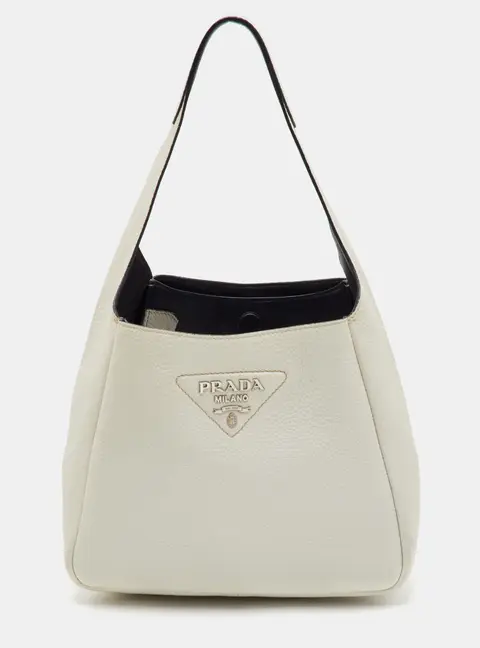 Prada Dynamique Small White Leather Logo Plaque Hobo
