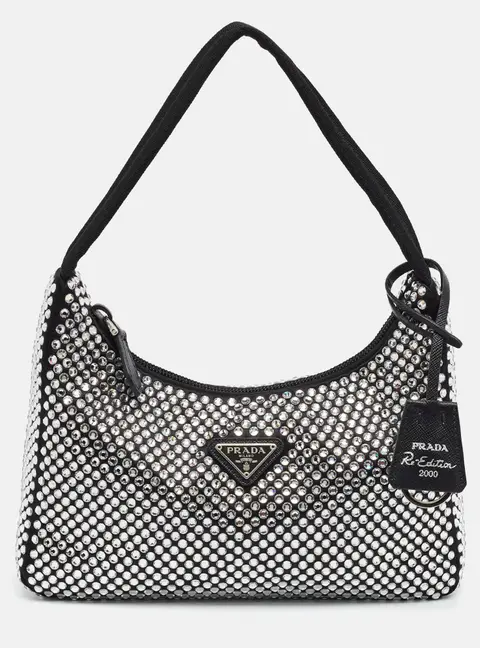 Prada Re-Edition 2000 Black Satin and Crystals Shoulder Bag