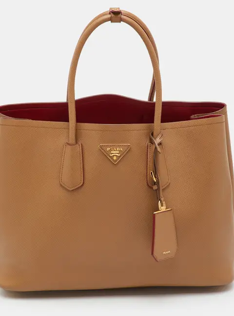 Prada Medium Brown Saffiano Leather Cuir Double Tote
