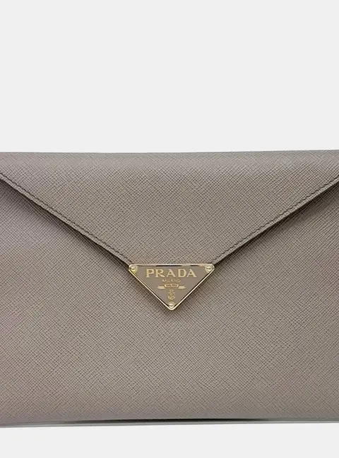 Prada Brown Grey Leather Saffiano Envelope Clutch