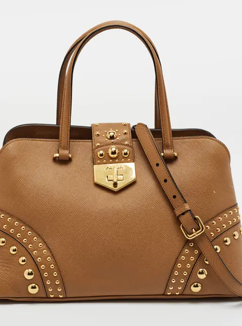 Prada Studded Promenade Flap Saffiano Cuir Leather Satchel