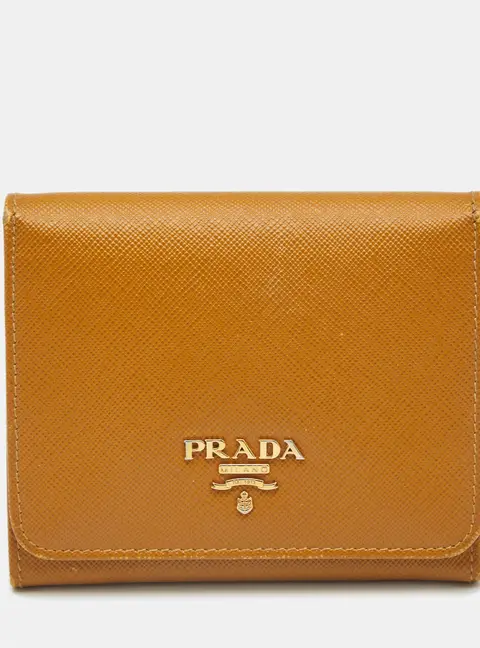 Prada Logo Mustard Saffiano Metal Leather Trifold Wallet