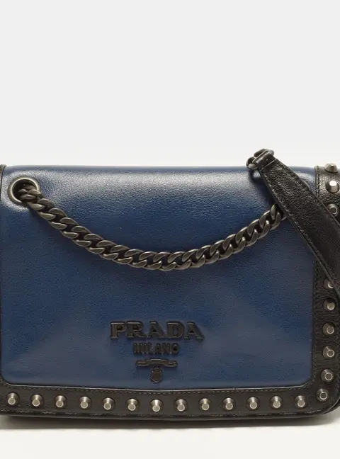 Prada Studded Flap Black/Blue Leather Shoulder Bag