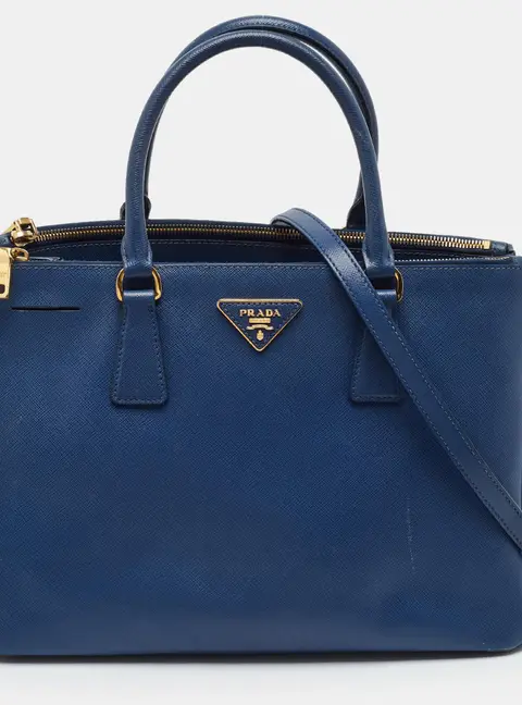 Prada Galleria Double Zip Medium Navy Blue Saffiano Lux Leather Tote