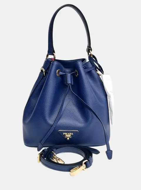 Prada Blue Leather Saffiano Bucket Tote and Crossbody Bag