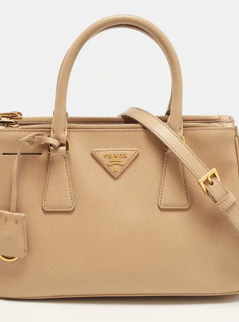 Prada Galleria Double Zip Small Beige Saffiano Lux Leather Tote