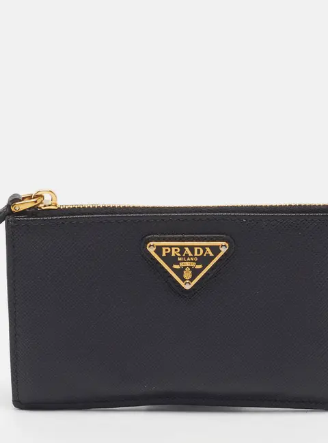 Prada Tiangle Logo Black Saffiano Metal Leather Zip Card Case
