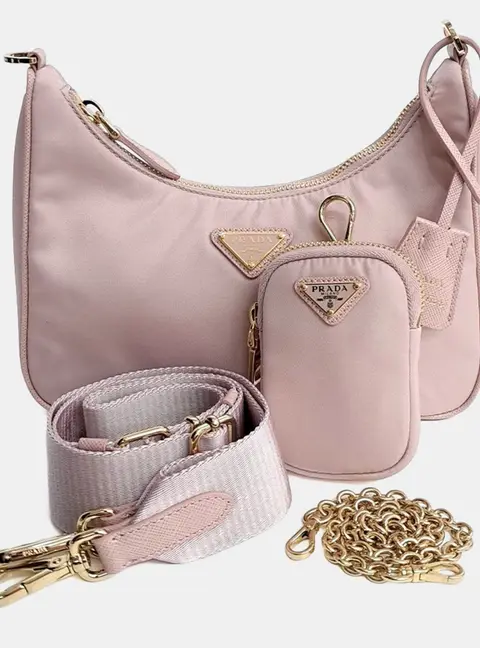 Prada Pink Re-Nylon Tessuto Chain Strap Hobo Bag (1BH204)