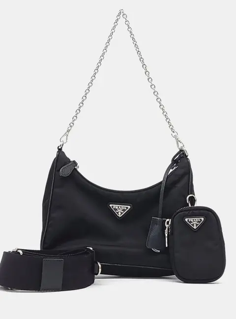 Prada Black  Re-Nylon Tessuto Chain Strap Hobo Bag (1BH204)