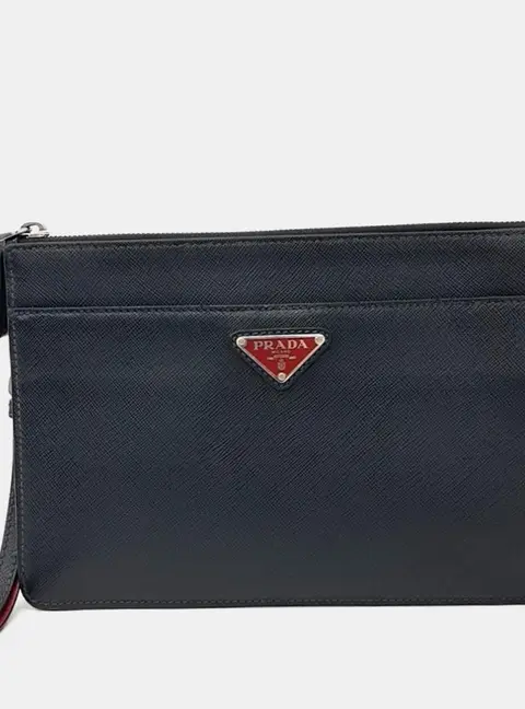 Prada Saffiano Treble Black Saffiano Leather Clutch Bag