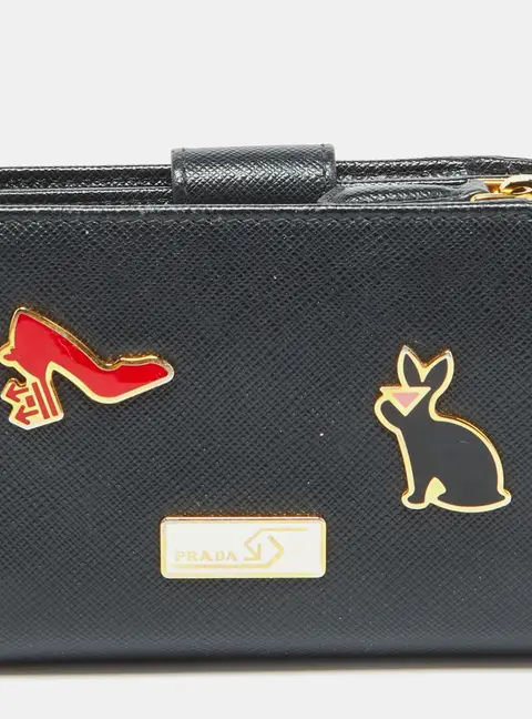 Prada Black Saffiano Leather Rabbit Charm Embellished Compact Wallet