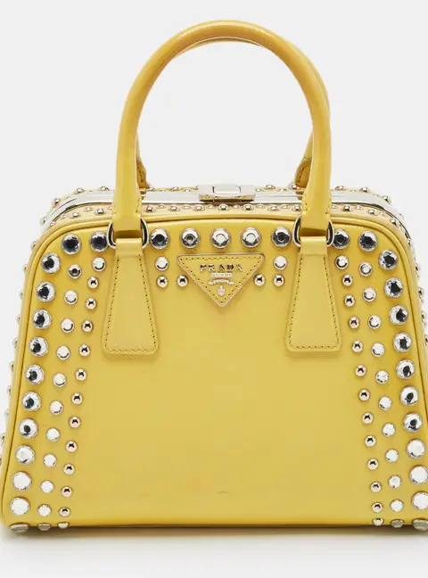 Prada Yellow/Cream Saffiano Patent Leather Small Studded Pyramid Frame Bag