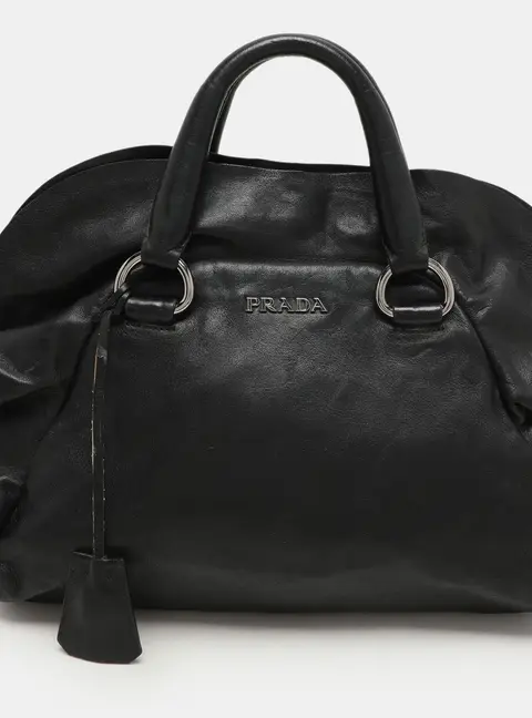 Prada Black Leather Ruffle Bauletto Satchel