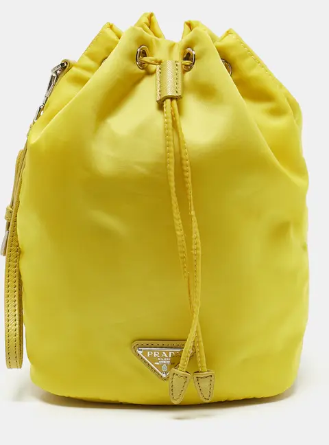 Prada Yellow Leather and Nylon Drawstring Bucket Bag