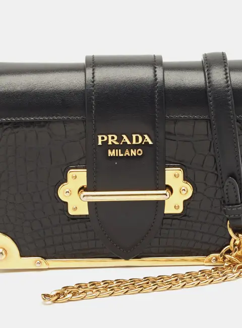 Prada Black Crocodile and Leather Cahier Chain Clutch