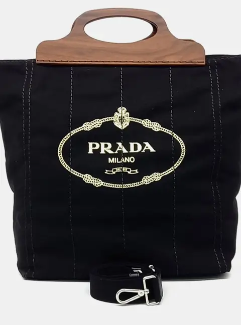 Prada Black Brown Canvas Canappa Legno Shopper Bag