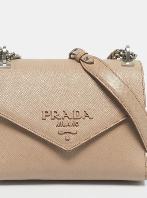Prada Beige Saffiano Cuir Leather Monochrome Envelope Flap Shoulder Bag