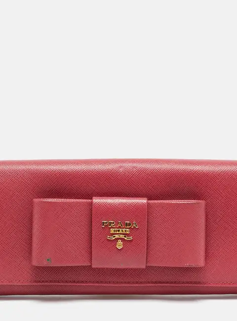 Prada Pink Saffiano Metal Leather Bow Flap Continental Wallet