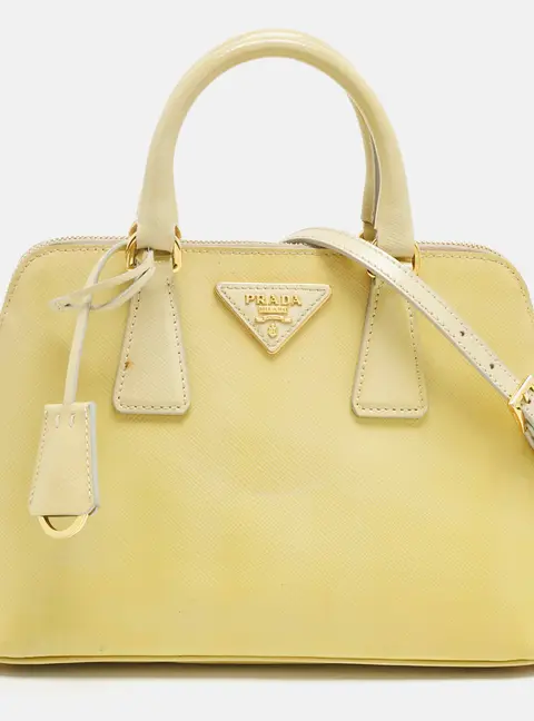 Prada Light Yellow Saffiano Patent Lux Leather Small Promenade Satchel